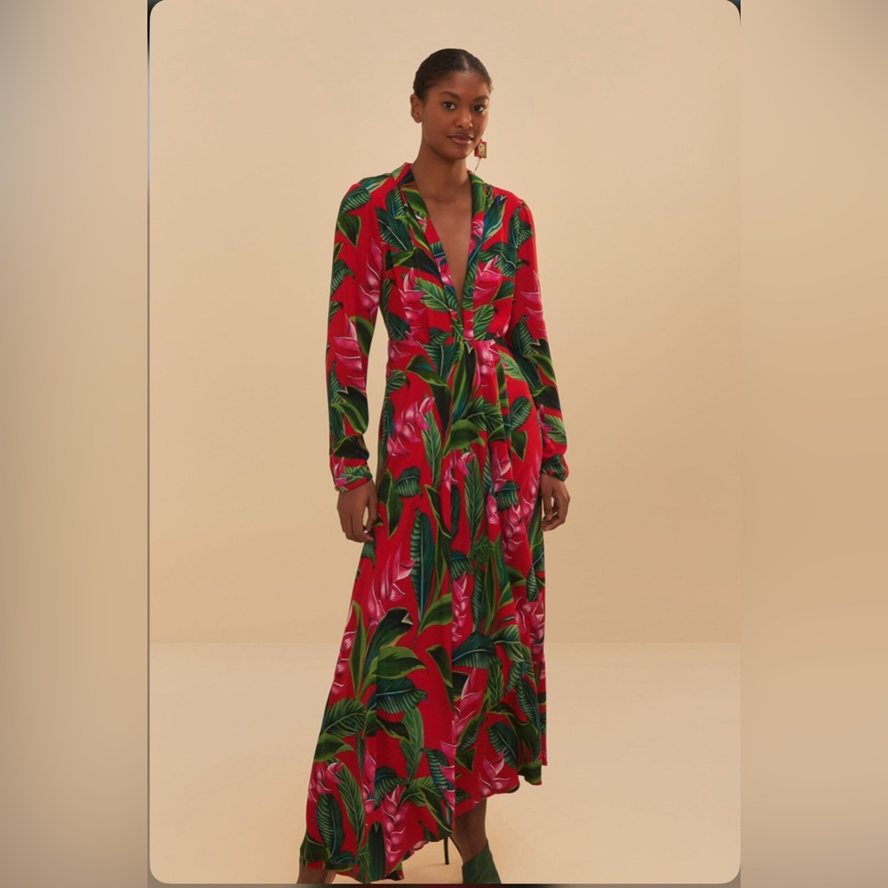 Farm Rio Red Dream Garden Long Sleeve Maxi Dress